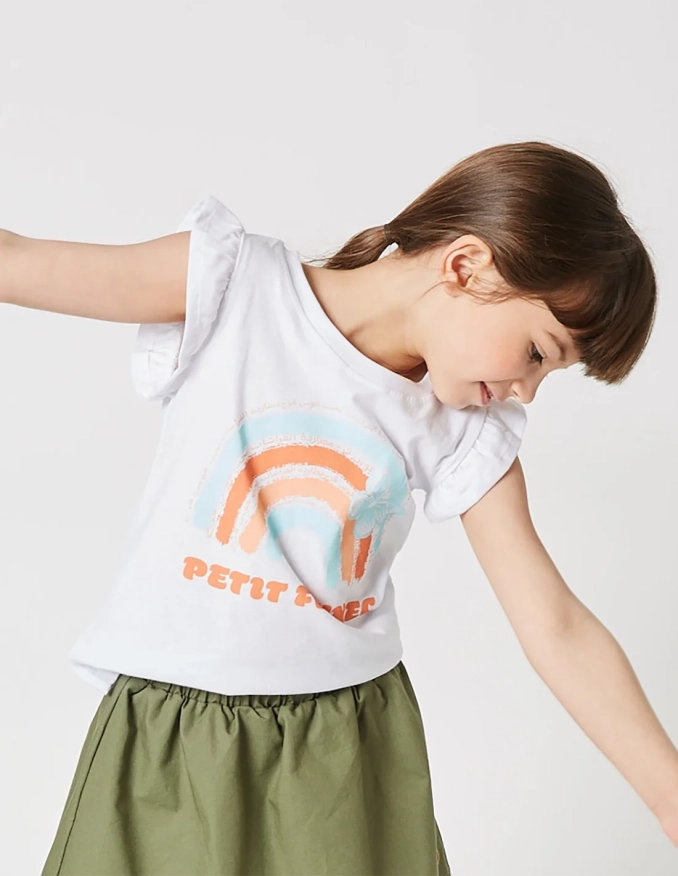 تيشيرت بناتي بأكمام فراشة أبيض اللون