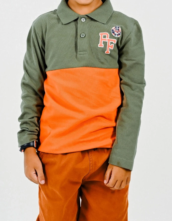 Polo 100% coton "club des aventuriers" - Kaki/Orange