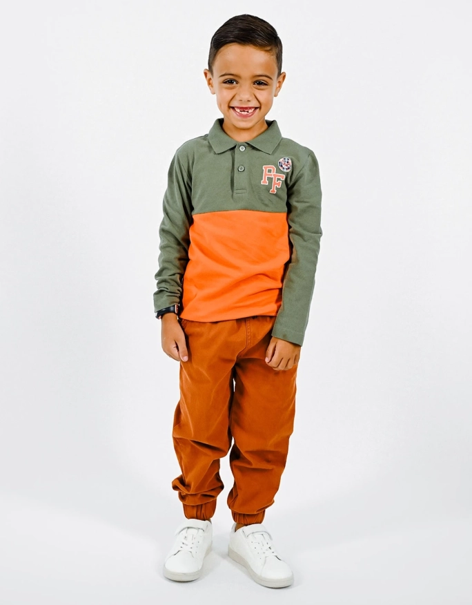 Polo 100% coton "club des aventuriers" - Kaki/Orange