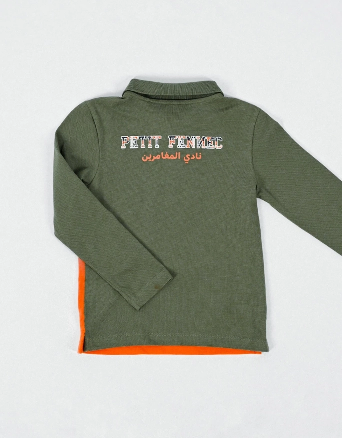 Polo 100% coton "club des aventuriers" - Kaki/Orange